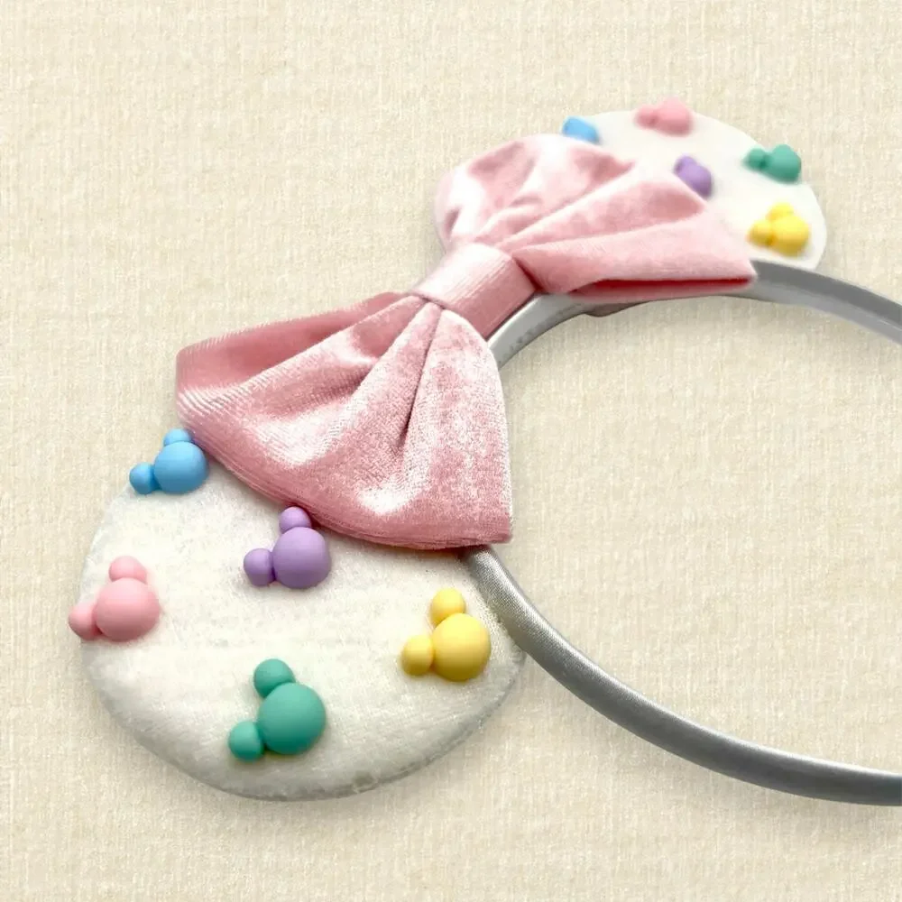 Velvet Pastel Mickey Bead Minnie Ears – Pink Bow | Disney-Inspired Mouse Ears